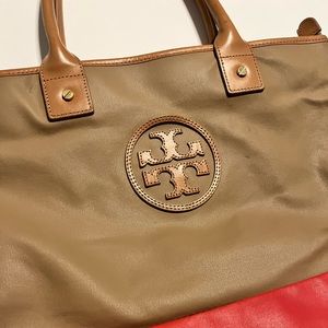 Red Tan Tory Burch Purse Handbag Authentic Designer Tote Gently Used